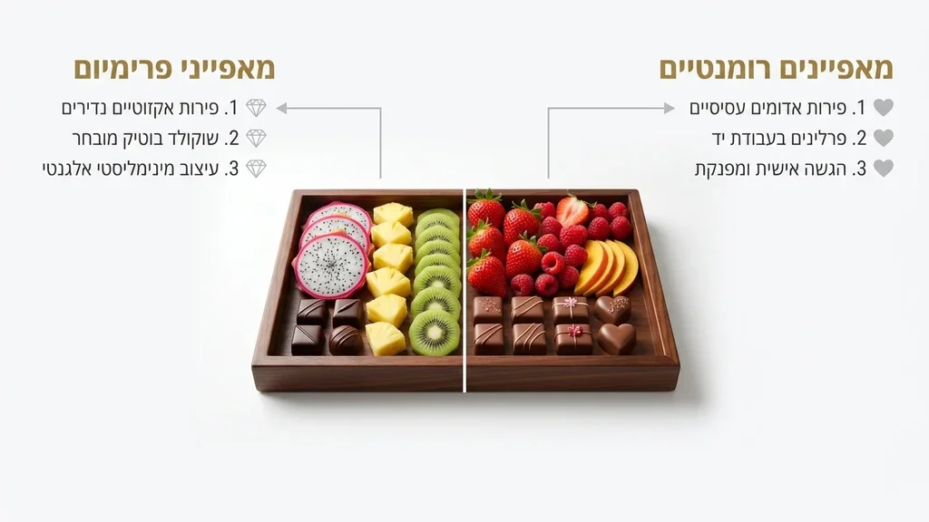 A premium wooden fruit platter with exotic fruits and chocolates, representing the premium and romantic options detailed in the comparison table. פלטת פירות פרימיום מעץ