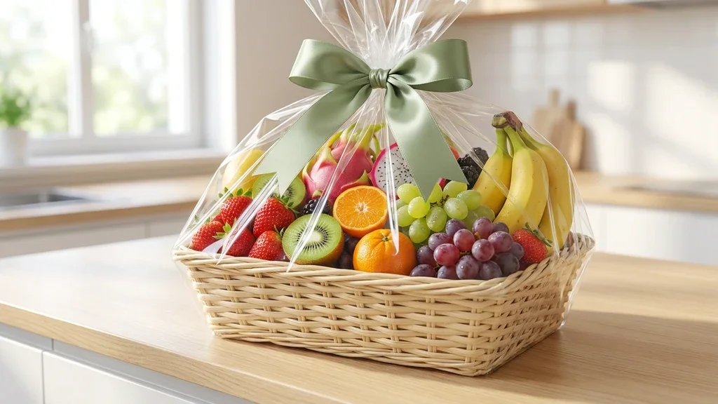 A beautifully wrapped fresh fruit basket ready for delivery, emphasizing the careful packaging and freshness mentioned in the checklist. משלוח מארז פירות טרי אשדוד