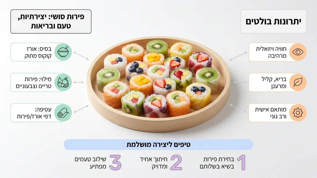 A creative fruit sushi tray, visually appealing, placed in the section discussing creative options and fruit sushi. משלוח מגשי פירות בית חולים בילינסון