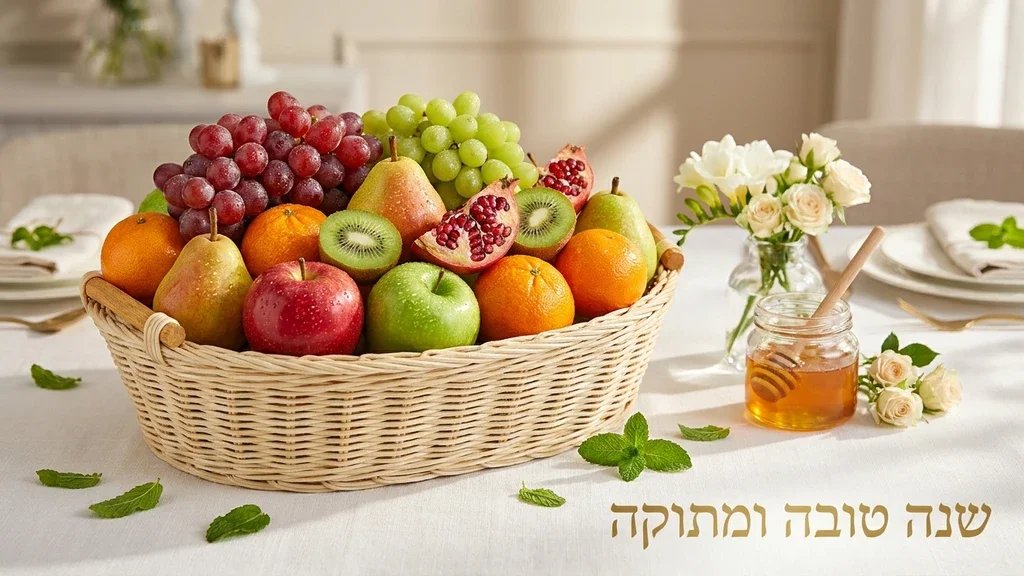 סלסלת פירות מהודרת לראש השנה על שולחן החג